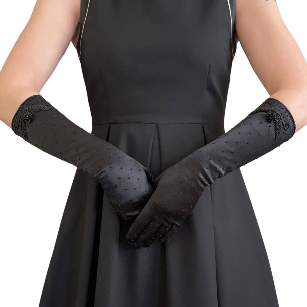 Vintage Beaded Black Satin Upper Forearm Long Formal Evening Gloves Size S/M